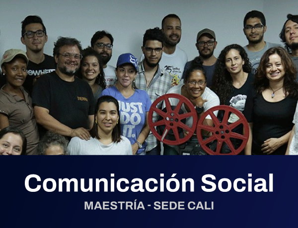 Imagen con texto blanco de la Maestría en Culturas Audiovisuales en la Sede Cali de la Universidad del ValleI sobre una fotografía a color de estudiantes