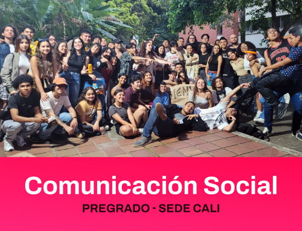 Imagen con texto blanco del Pregrado de Comunicación Social en la Sede Cali de la Universidad del ValleI sobre una fotografía a color de estudiantes