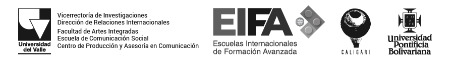 Logos Insticionales de la Universidad del Valle, la Escuela Internacional en Formación Avanzada, el grupo de investigación Caligari y la Universidad Pontificia Bolivariana en color negro