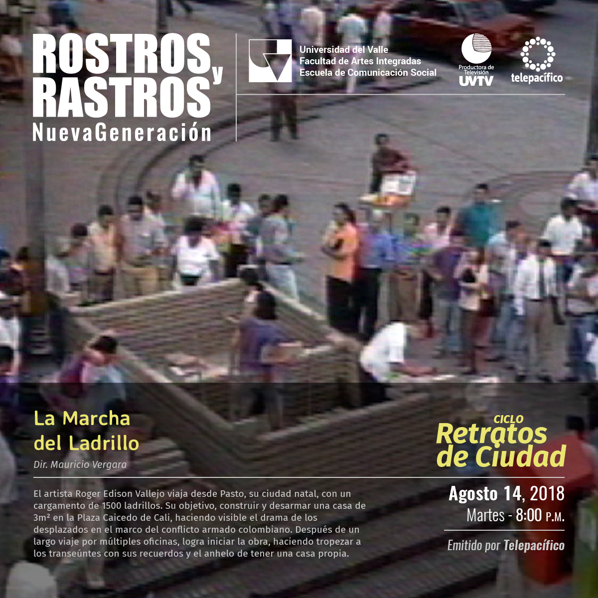 Imagen publicitaria cuadrada con la información de La Marcha del Ladrillo sobre una captura del video