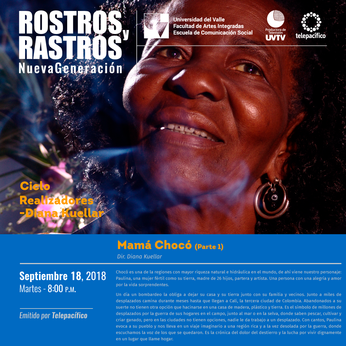 Imagen publicitaria cuadrada con la información de Mamá Chocó sobre una captura del video