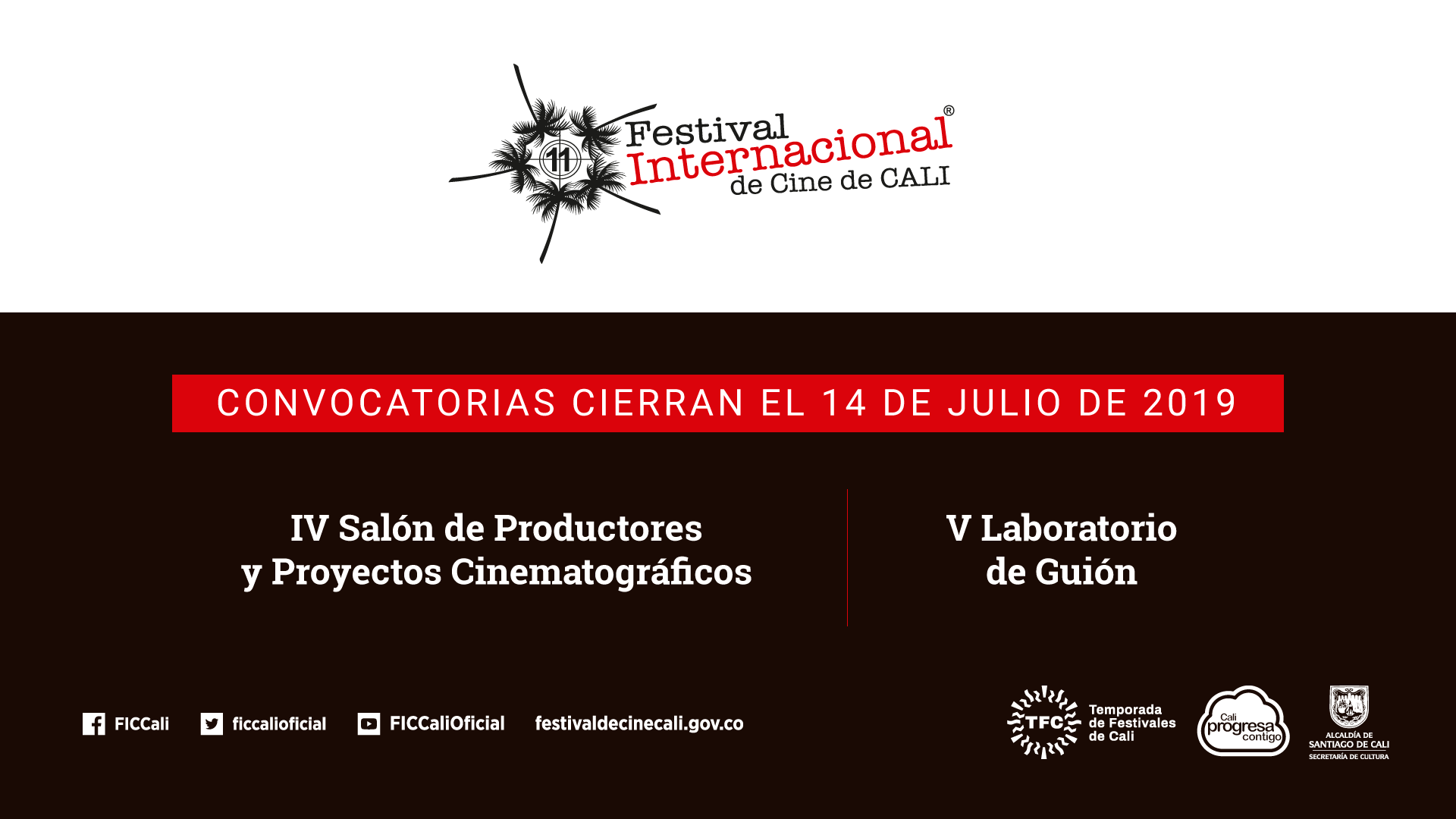 Imagen publicitaria en formato horizontal con una franja blanca superior con el logo de FICCALI XI y una franja café inferior con textos blancos