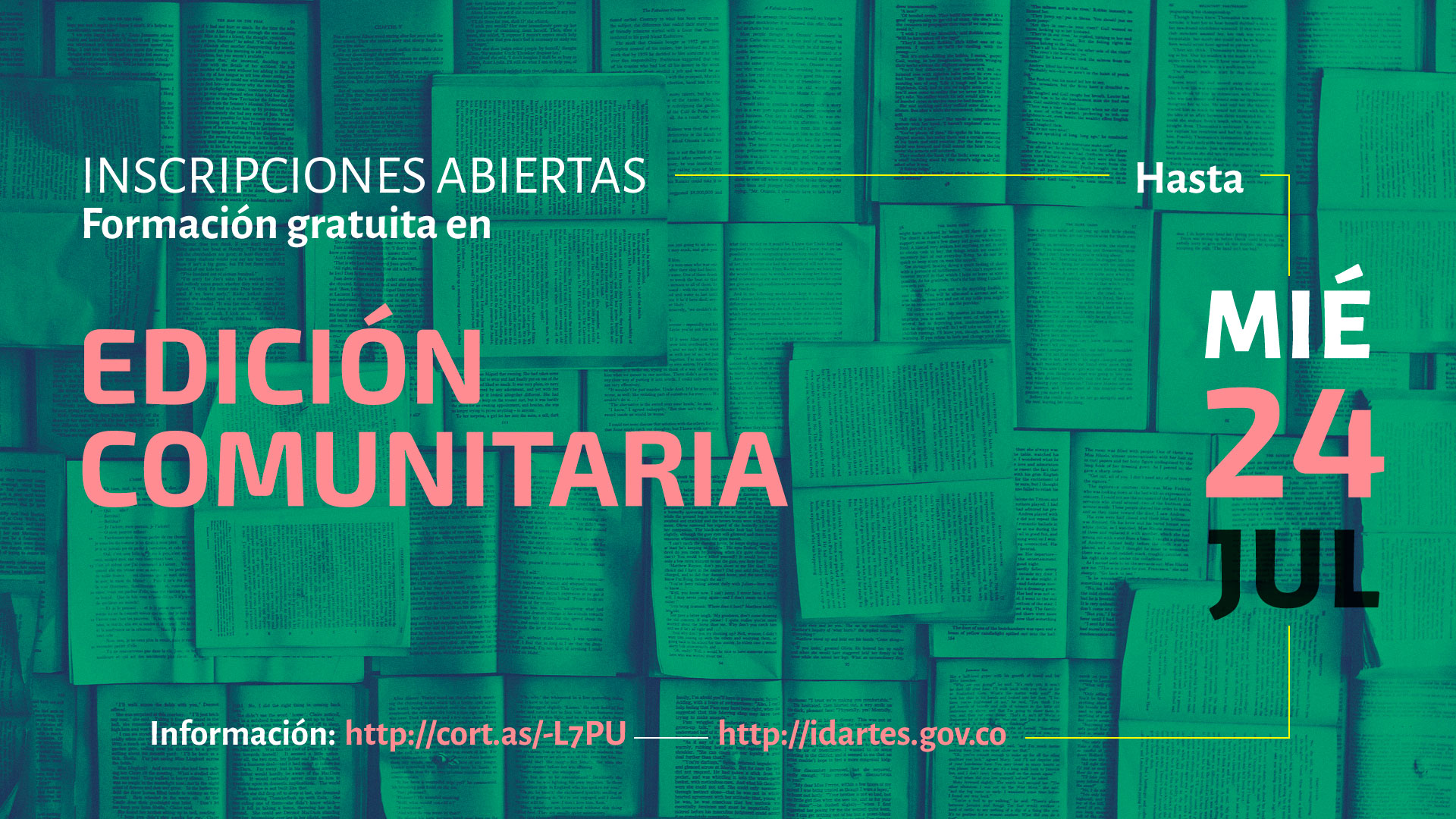 Imagen publicitaria apaisajada con libros abiertos de color verde con textos blancos