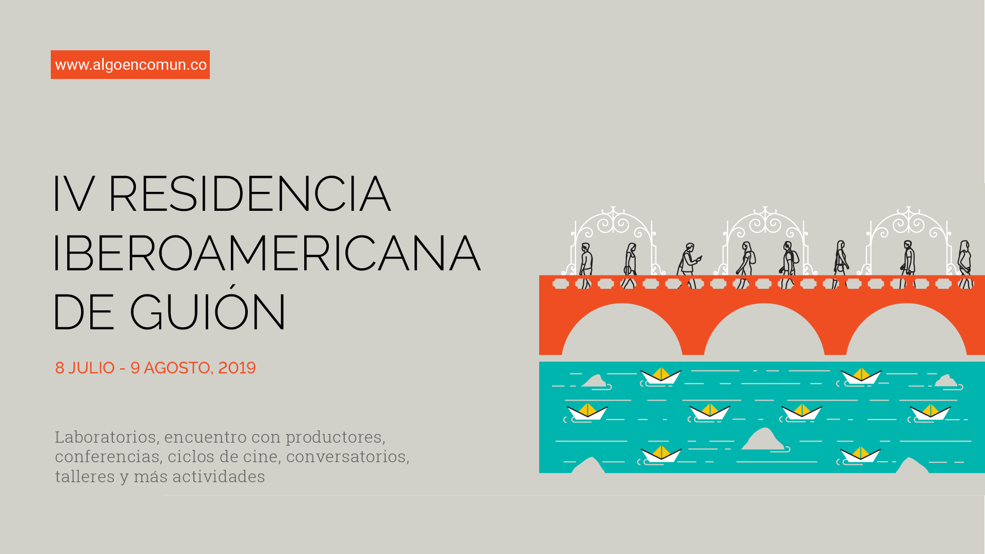 Imagen publicitaria apaisajada de fondo gris, con ilustración a color de un puente y un río más textos acompañantes