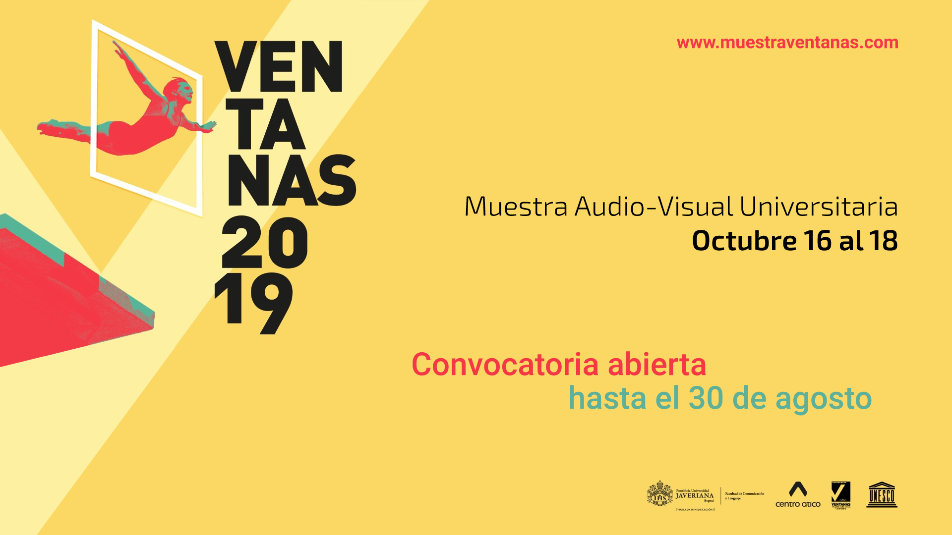 Imagen publicitaria apaisajada con la ilustración a color de una persona saltando por una ventana acompañada de textos