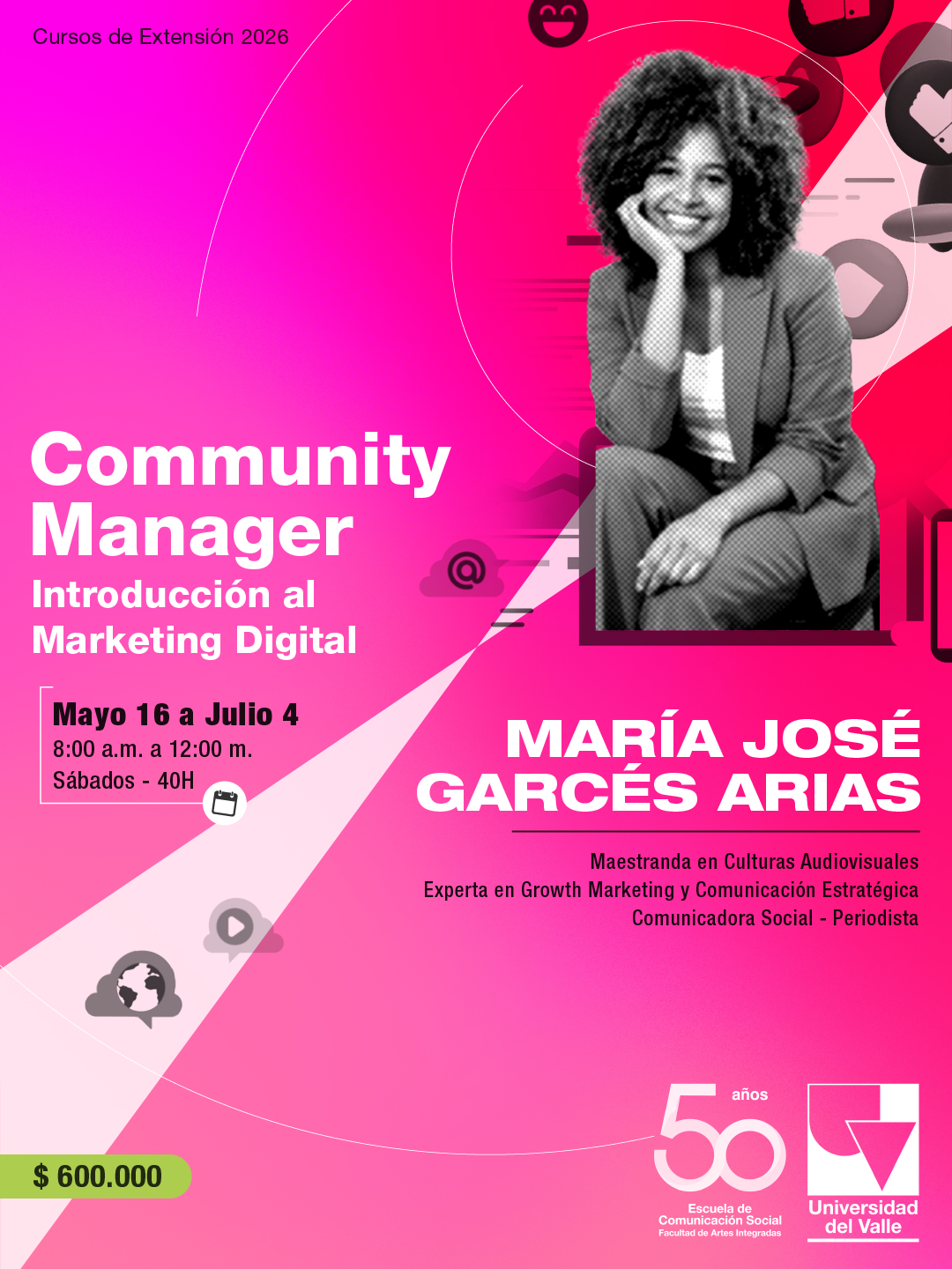 Post publicitario del Curso Corto Community Manager 2026 con Maria Jose Garces Arias